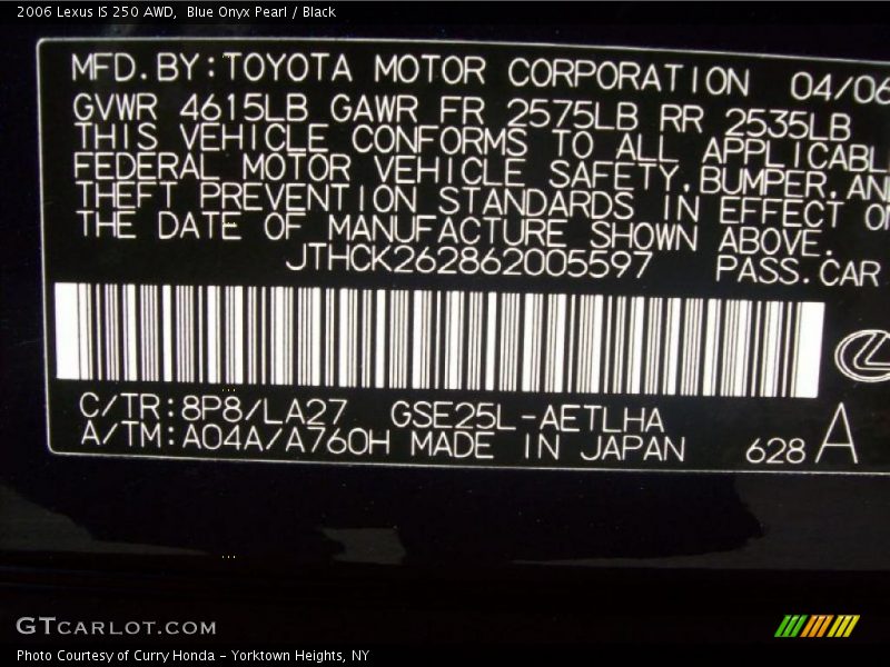 Blue Onyx Pearl / Black 2006 Lexus IS 250 AWD
