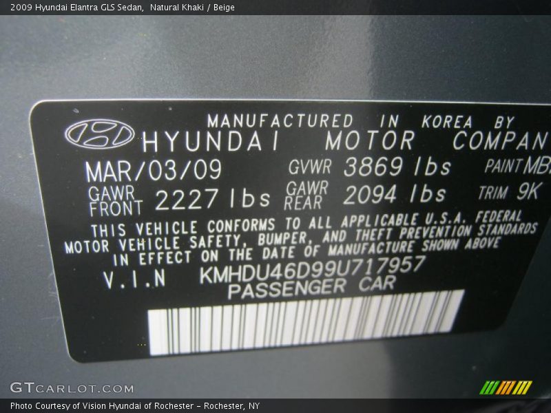 Natural Khaki / Beige 2009 Hyundai Elantra GLS Sedan
