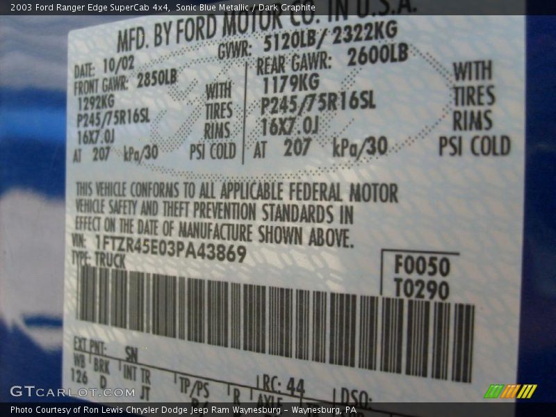 Sonic Blue Metallic / Dark Graphite 2003 Ford Ranger Edge SuperCab 4x4