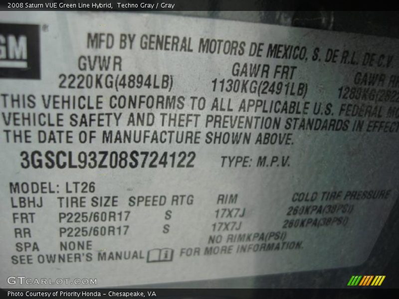 Info Tag of 2008 VUE Green Line Hybrid