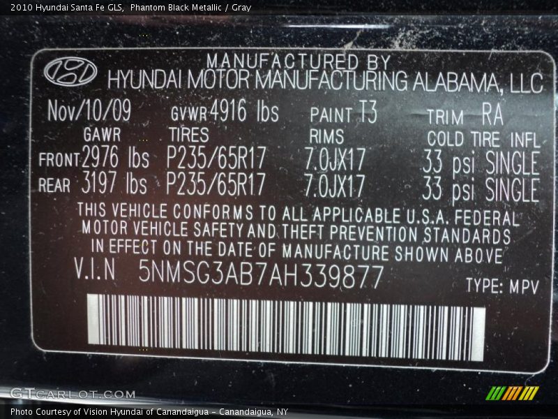 Phantom Black Metallic / Gray 2010 Hyundai Santa Fe GLS