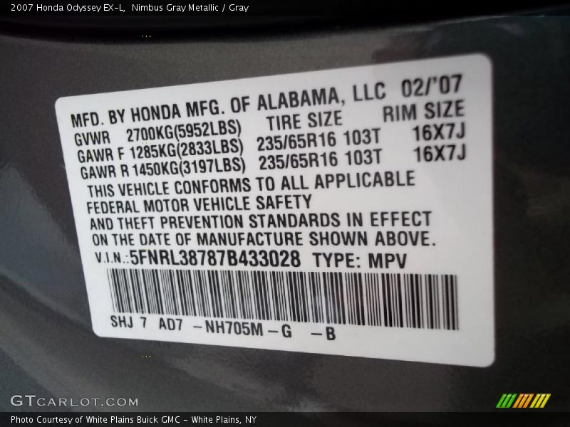 Nimbus Gray Metallic / Gray 2007 Honda Odyssey EX-L