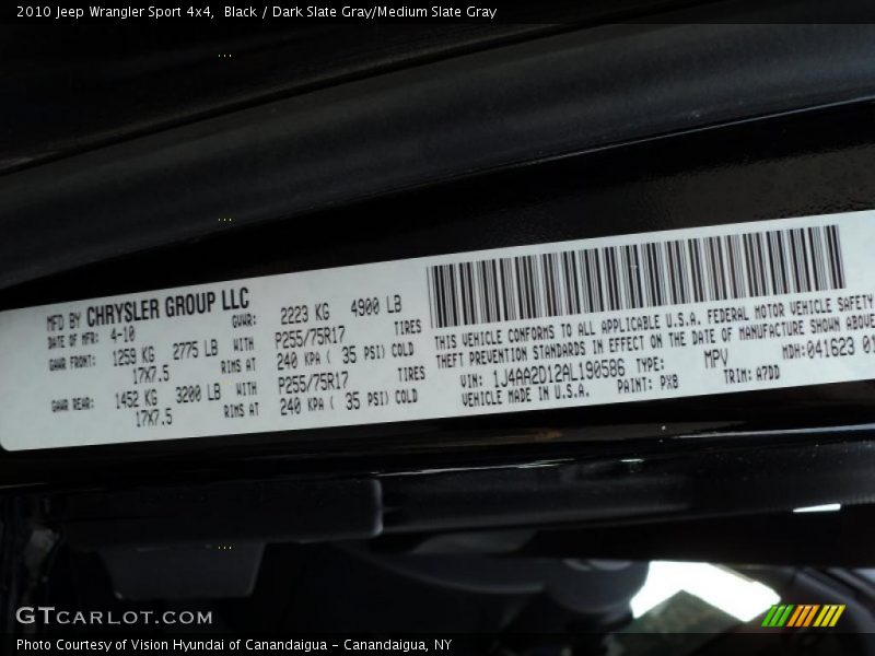 Black / Dark Slate Gray/Medium Slate Gray 2010 Jeep Wrangler Sport 4x4