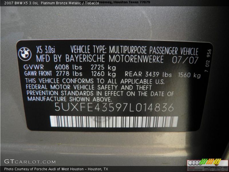 Platinum Bronze Metallic / Tobacco 2007 BMW X5 3.0si