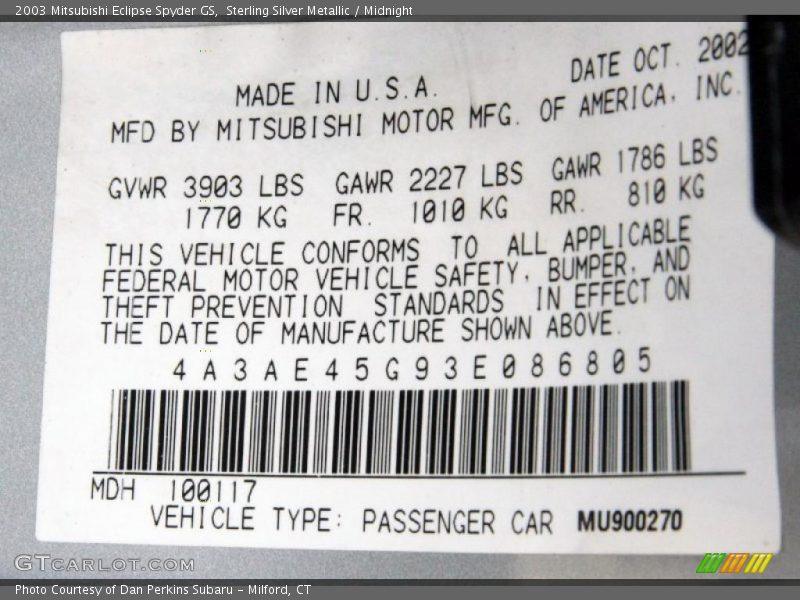 Sterling Silver Metallic / Midnight 2003 Mitsubishi Eclipse Spyder GS