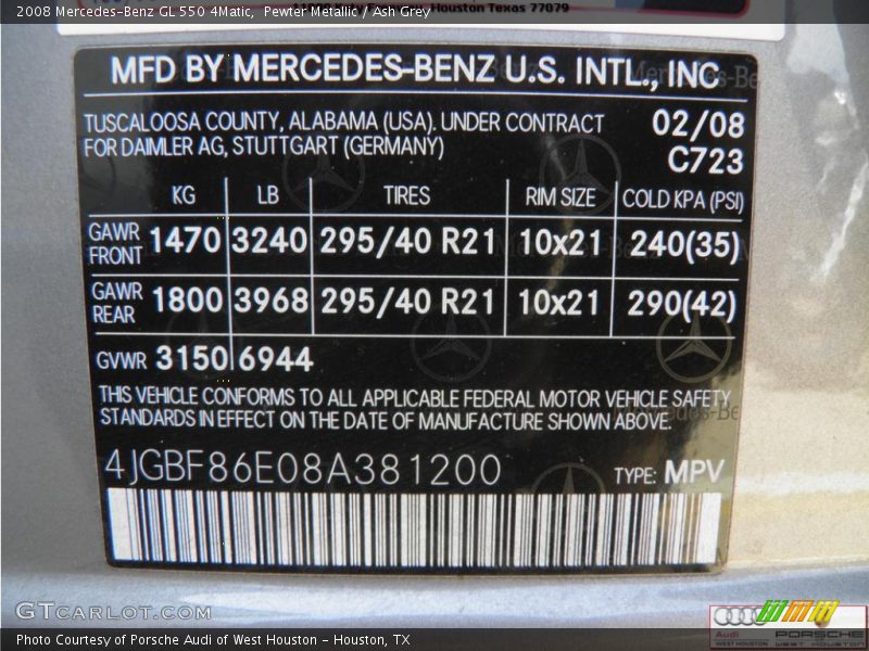 Pewter Metallic / Ash Grey 2008 Mercedes-Benz GL 550 4Matic