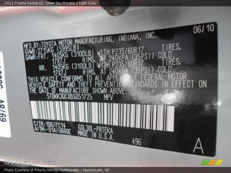 Silver Sky Metallic / Light Gray 2011 Toyota Sienna LE