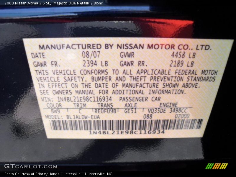 Majestic Blue Metallic / Blond 2008 Nissan Altima 3.5 SE