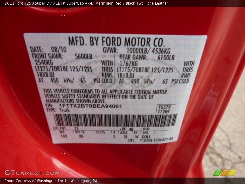 2011 F250 Super Duty Lariat SuperCab 4x4 Vermillion Red Color Code F1