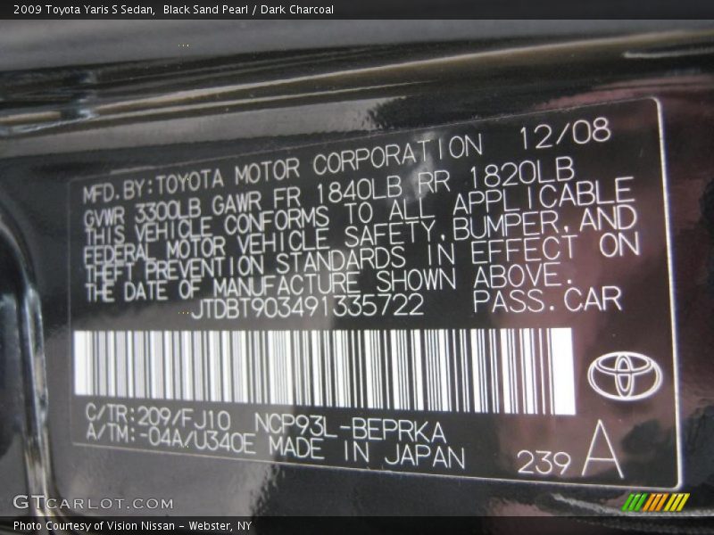 Black Sand Pearl / Dark Charcoal 2009 Toyota Yaris S Sedan
