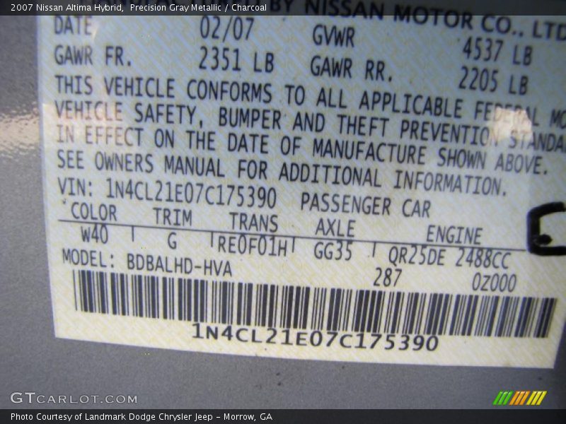 2007 Altima Hybrid Precision Gray Metallic Color Code W40