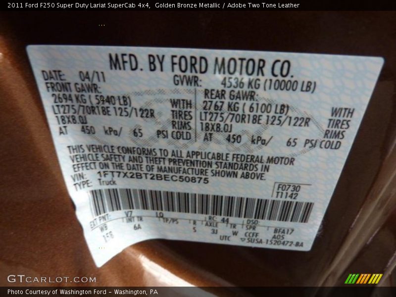 2011 F250 Super Duty Lariat SuperCab 4x4 Golden Bronze Metallic Color Code V7