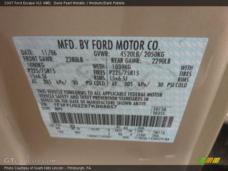 2007 Escape XLS 4WD Dune Pearl Metallic Color Code ND
