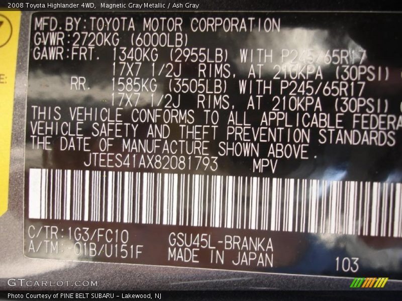 Magnetic Gray Metallic / Ash Gray 2008 Toyota Highlander 4WD