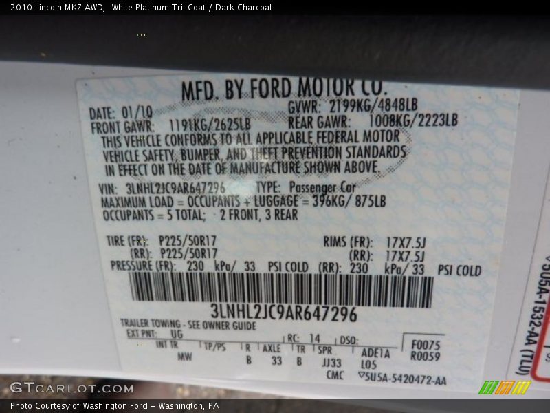 White Platinum Tri-Coat / Dark Charcoal 2010 Lincoln MKZ AWD