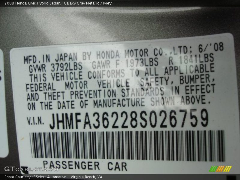 Galaxy Gray Metallic / Ivory 2008 Honda Civic Hybrid Sedan