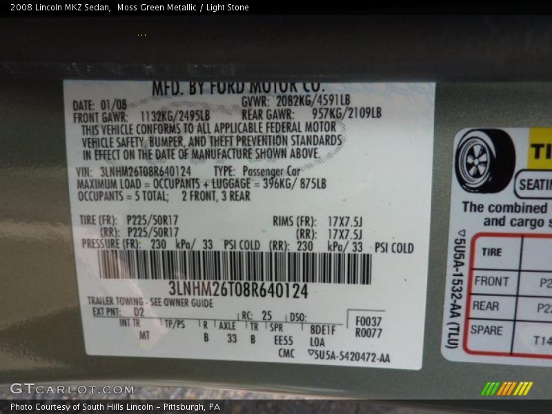 Moss Green Metallic / Light Stone 2008 Lincoln MKZ Sedan