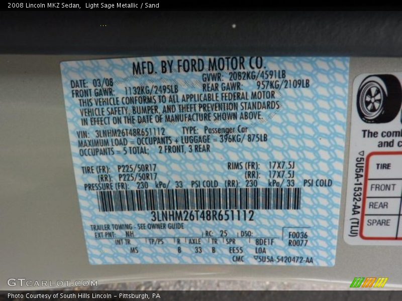 Light Sage Metallic / Sand 2008 Lincoln MKZ Sedan