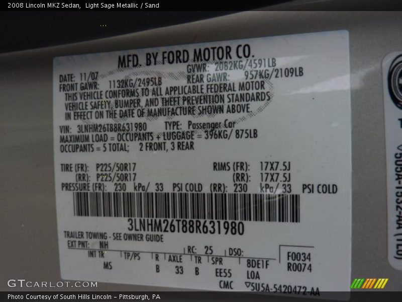 Light Sage Metallic / Sand 2008 Lincoln MKZ Sedan