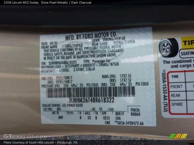 Dune Pearl Metallic / Dark Charcoal 2008 Lincoln MKZ Sedan