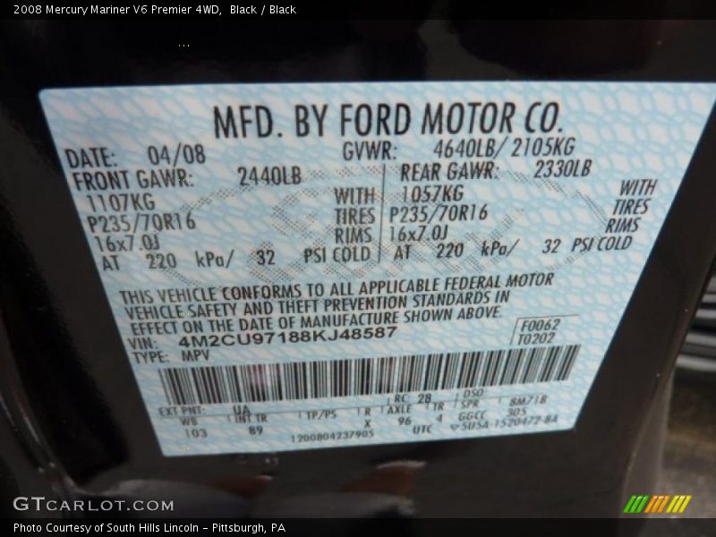 Black / Black 2008 Mercury Mariner V6 Premier 4WD