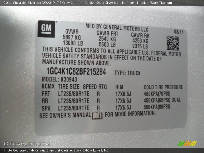 Info Tag of 2011 Silverado 3500HD LTZ Crew Cab 4x4 Dually