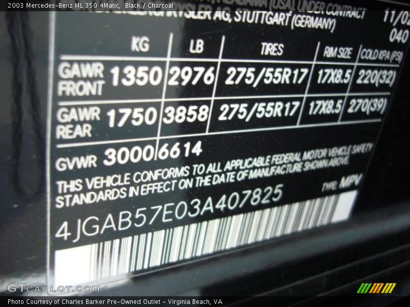 Black / Charcoal 2003 Mercedes-Benz ML 350 4Matic