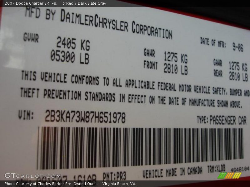 2007 Charger SRT-8 TorRed Color Code PR3