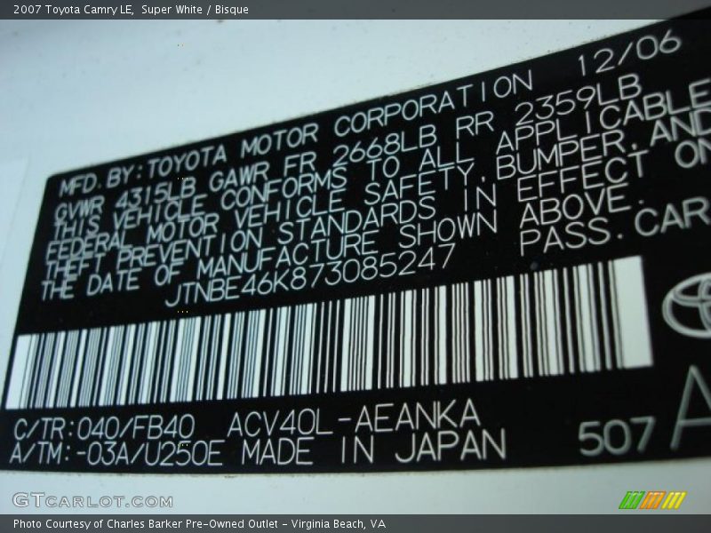 Super White / Bisque 2007 Toyota Camry LE