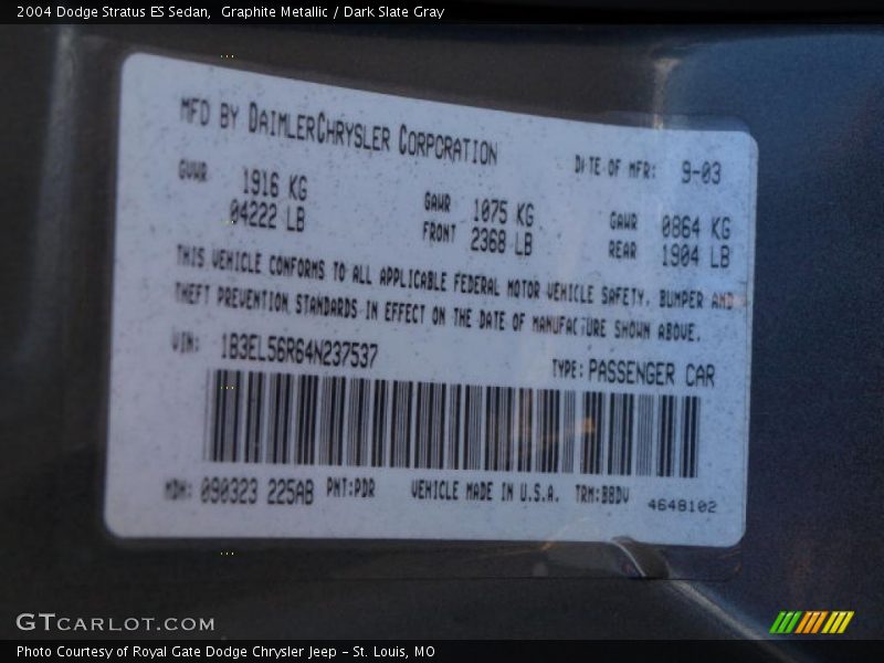Graphite Metallic / Dark Slate Gray 2004 Dodge Stratus ES Sedan