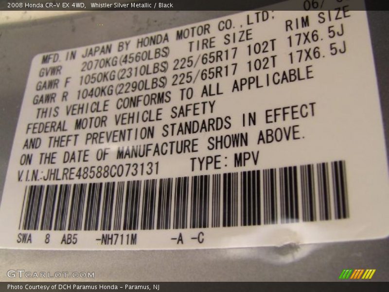 Whistler Silver Metallic / Black 2008 Honda CR-V EX 4WD