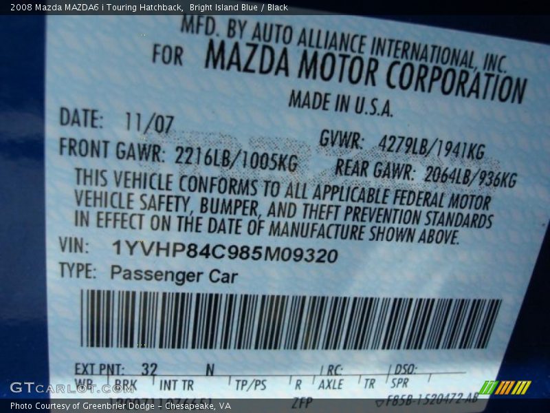 2008 MAZDA6 i Touring Hatchback Bright Island Blue Color Code 32N