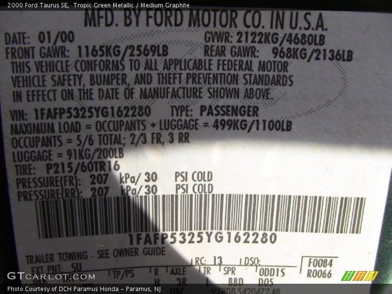 Tropic Green Metallic / Medium Graphite 2000 Ford Taurus SE