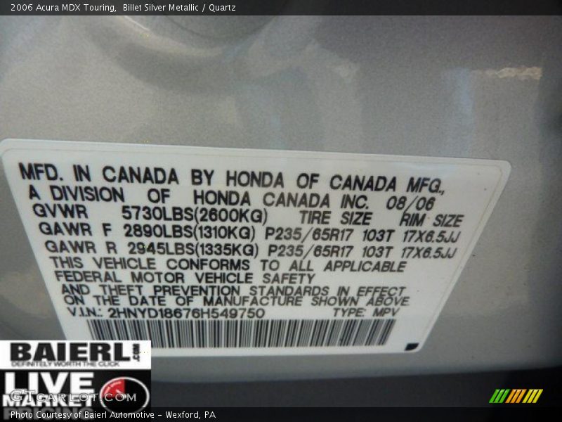 Billet Silver Metallic / Quartz 2006 Acura MDX Touring