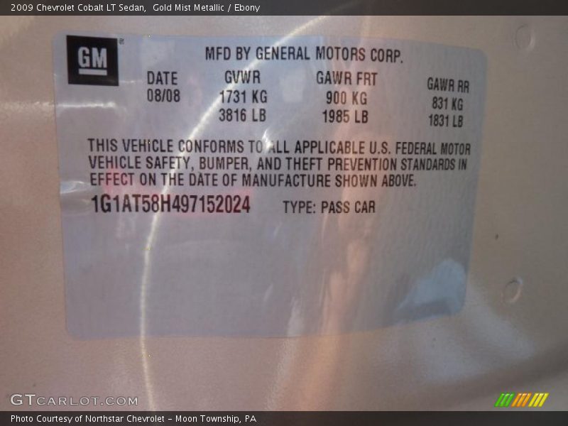 Gold Mist Metallic / Ebony 2009 Chevrolet Cobalt LT Sedan