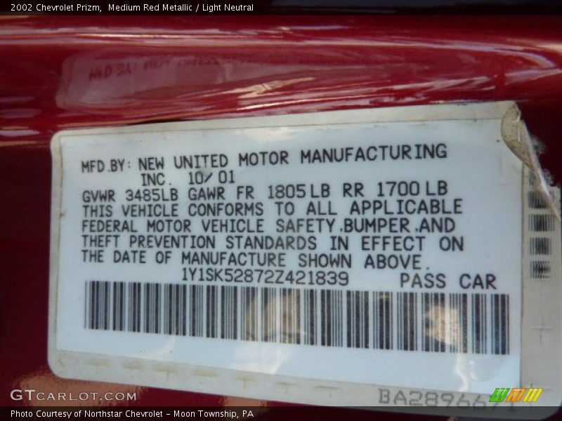 Medium Red Metallic / Light Neutral 2002 Chevrolet Prizm