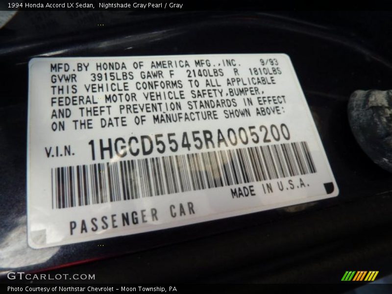 Nightshade Gray Pearl / Gray 1994 Honda Accord LX Sedan