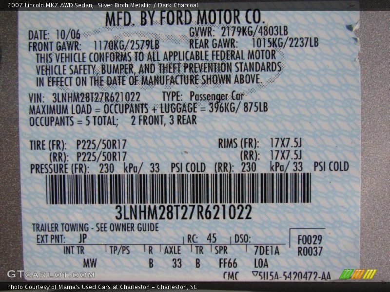 Silver Birch Metallic / Dark Charcoal 2007 Lincoln MKZ AWD Sedan