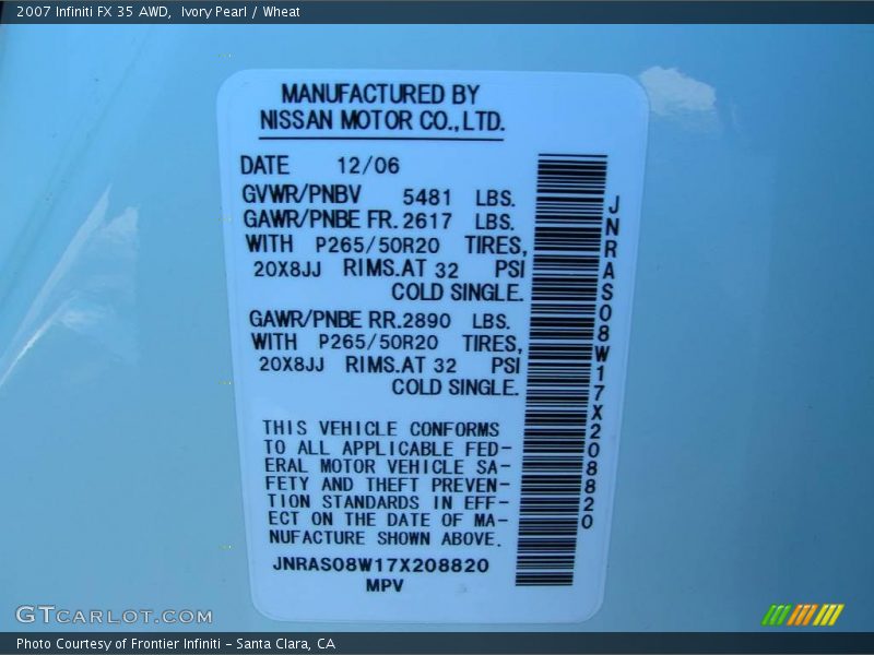 Ivory Pearl / Wheat 2007 Infiniti FX 35 AWD