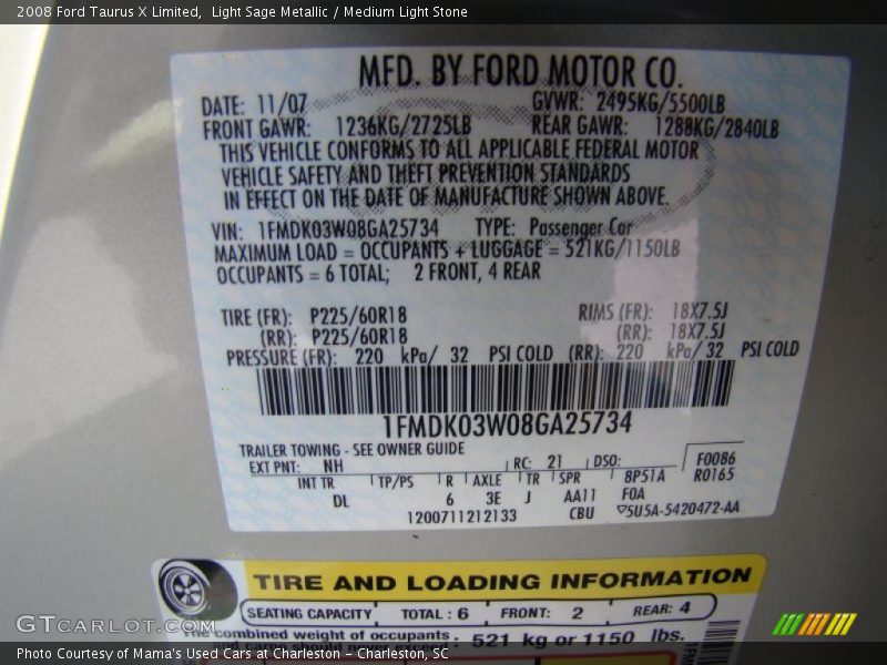 Light Sage Metallic / Medium Light Stone 2008 Ford Taurus X Limited
