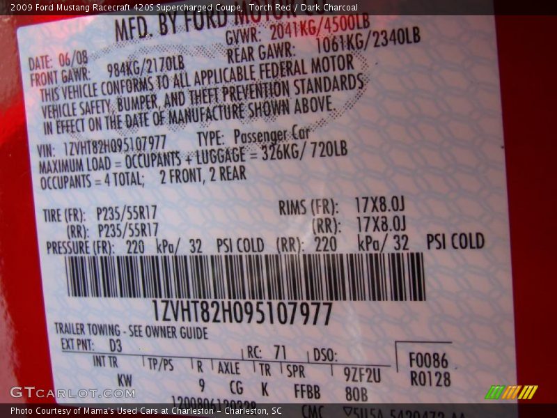 2009 Mustang Racecraft 420S Supercharged Coupe Torch Red Color Code D3