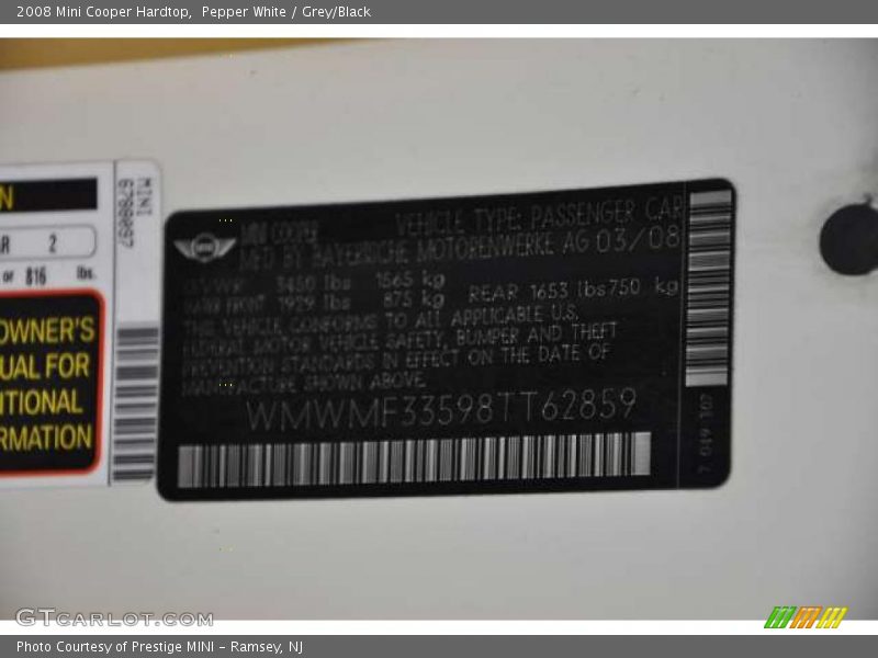 Pepper White / Grey/Black 2008 Mini Cooper Hardtop