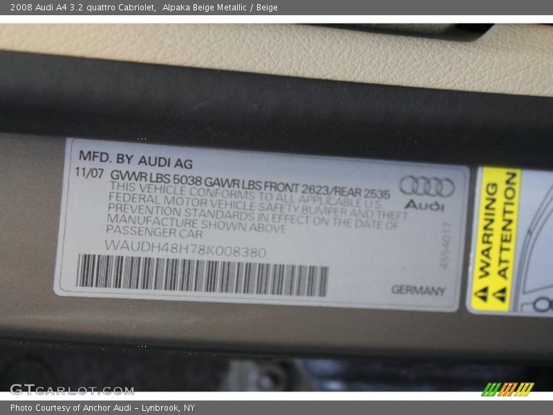 Alpaka Beige Metallic / Beige 2008 Audi A4 3.2 quattro Cabriolet