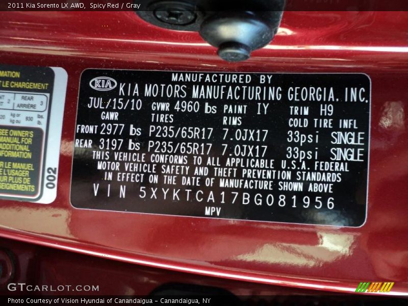 Spicy Red / Gray 2011 Kia Sorento LX AWD