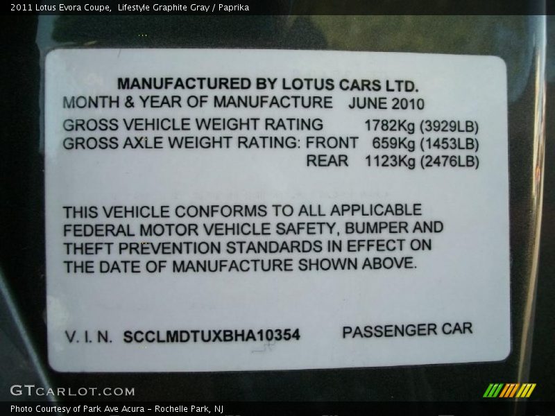 Info Tag of 2011 Evora Coupe