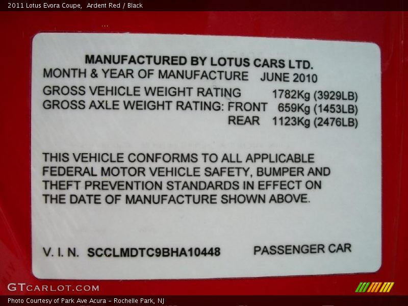 Info Tag of 2011 Evora Coupe