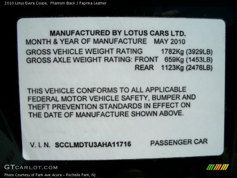 Info Tag of 2010 Evora Coupe