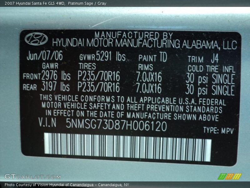 Platinum Sage / Gray 2007 Hyundai Santa Fe GLS 4WD