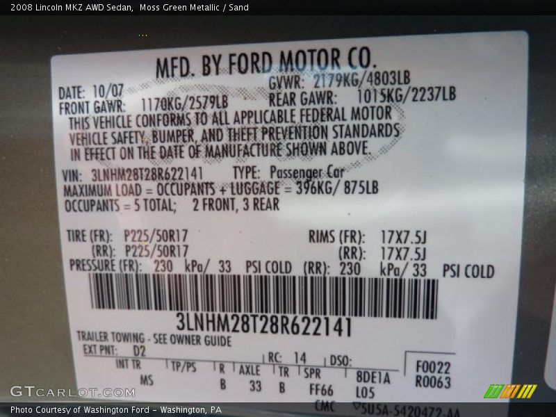 Moss Green Metallic / Sand 2008 Lincoln MKZ AWD Sedan