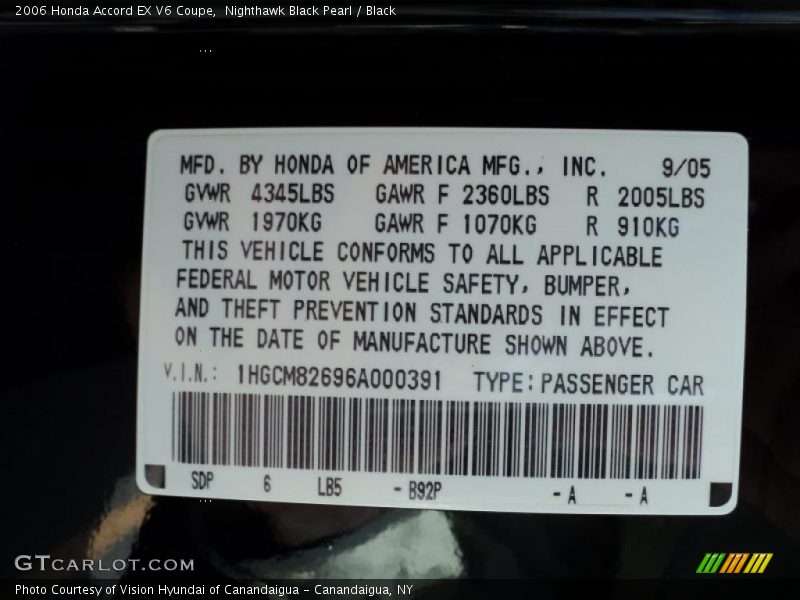 Nighthawk Black Pearl / Black 2006 Honda Accord EX V6 Coupe
